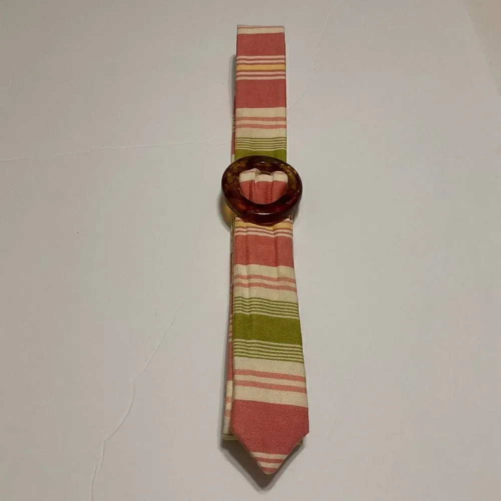 Eliza B Preppy Fabric Striped Belt with Slide Tortoise Shell Buckle, Small